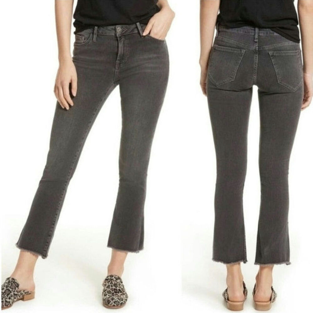 Free People Straight Leg Jeans Mid Rise Raw Hem Ankle Crop Black Gray 27 - Picture 7 of 16